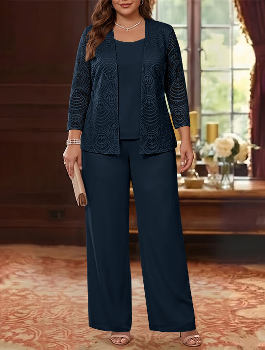 3 Pièces Tailleur Pantalon Mère de la Mariée en Mousseline, Grande Taille, Col Rond, Manches Longues, Longueur Cheville, avec Veste en Dentelle
