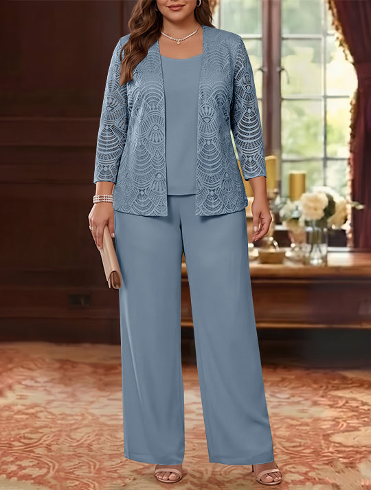 3 Pièces Tailleur Pantalon Mère de la Mariée en Mousseline, Grande Taille, Col Rond, Manches Longues, Longueur Cheville, avec Veste en Dentelle