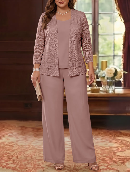 3 Pièces Tailleur Pantalon Mère de la Mariée en Mousseline, Grande Taille, Col Rond, Manches Longues, Longueur Cheville, avec Veste en Dentelle
