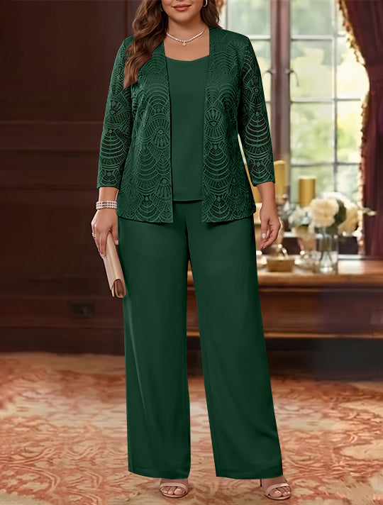 3 Pièces Tailleur Pantalon Mère de la Mariée en Mousseline, Grande Taille, Col Rond, Manches Longues, Longueur Cheville, avec Veste en Dentelle
