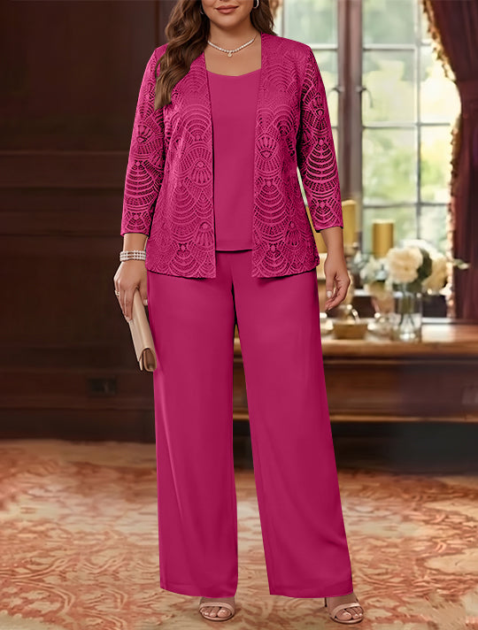 3 Pièces Tailleur Pantalon Mère de la Mariée en Mousseline, Grande Taille, Col Rond, Manches Longues, Longueur Cheville, avec Veste en Dentelle