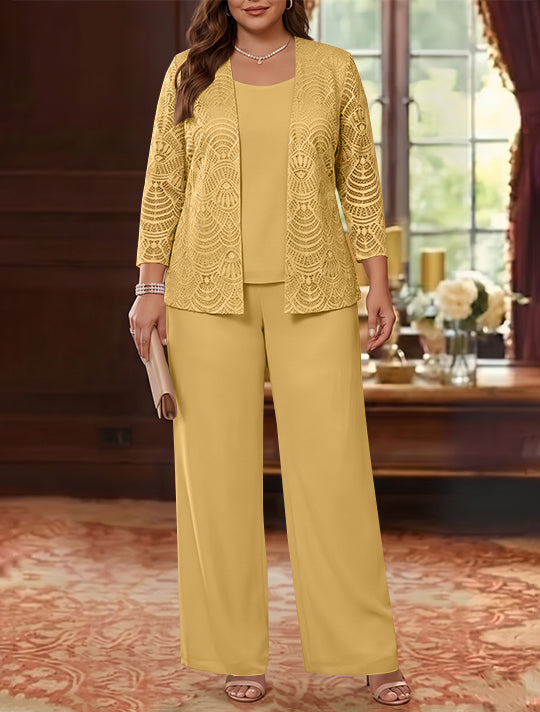 3 Pièces Tailleur Pantalon Mère de la Mariée en Mousseline, Grande Taille, Col Rond, Manches Longues, Longueur Cheville, avec Veste en Dentelle