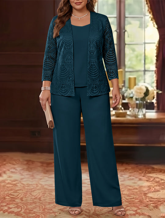 3 Pièces Tailleur Pantalon Mère de la Mariée en Mousseline, Grande Taille, Col Rond, Manches Longues, Longueur Cheville, avec Veste en Dentelle