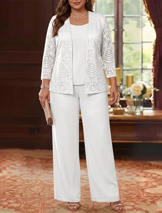 3 Pièces Tailleur Pantalon Mère de la Mariée en Mousseline, Grande Taille, Col Rond, Manches Longues, Longueur Cheville, avec Veste en Dentelle