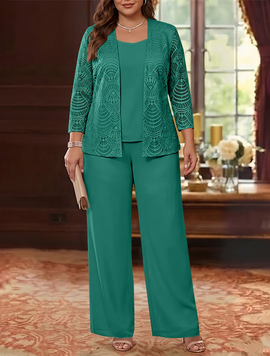 3 Pièces Tailleur Pantalon Mère de la Mariée en Mousseline, Grande Taille, Col Rond, Manches Longues, Longueur Cheville, avec Veste en Dentelle