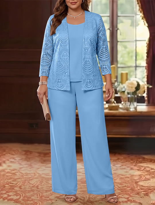 3 Pièces Tailleur Pantalon Mère de la Mariée en Mousseline, Grande Taille, Col Rond, Manches Longues, Longueur Cheville, avec Veste en Dentelle