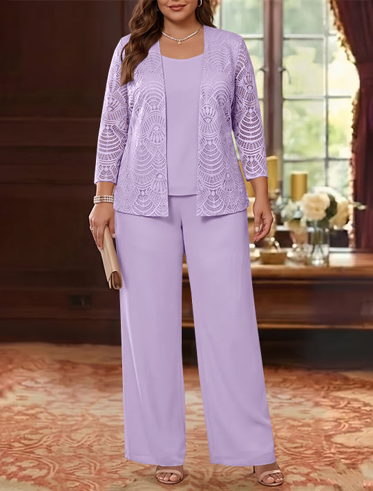 3 Pièces Tailleur Pantalon Mère de la Mariée en Mousseline, Grande Taille, Col Rond, Manches Longues, Longueur Cheville, avec Veste en Dentelle