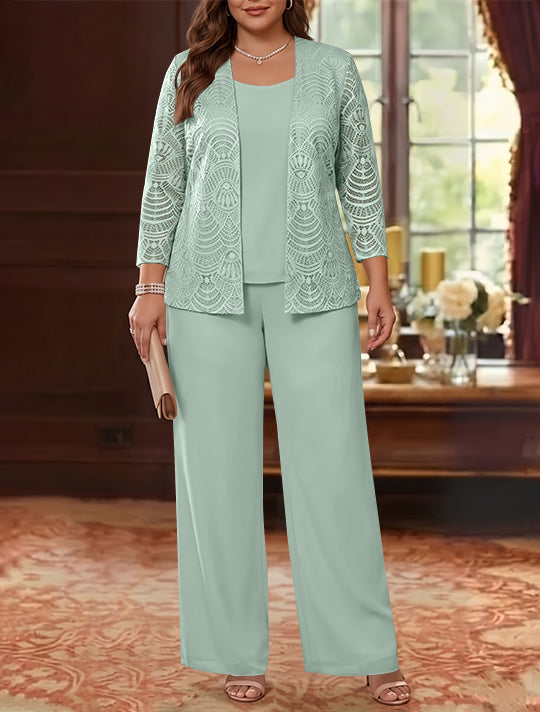 3 Pièces Tailleur Pantalon Mère de la Mariée en Mousseline, Grande Taille, Col Rond, Manches Longues, Longueur Cheville, avec Veste en Dentelle
