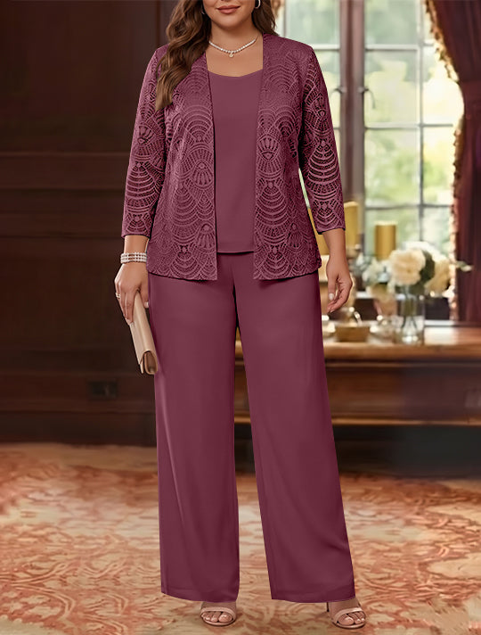 3 Pièces Tailleur Pantalon Mère de la Mariée en Mousseline, Grande Taille, Col Rond, Manches Longues, Longueur Cheville, avec Veste en Dentelle