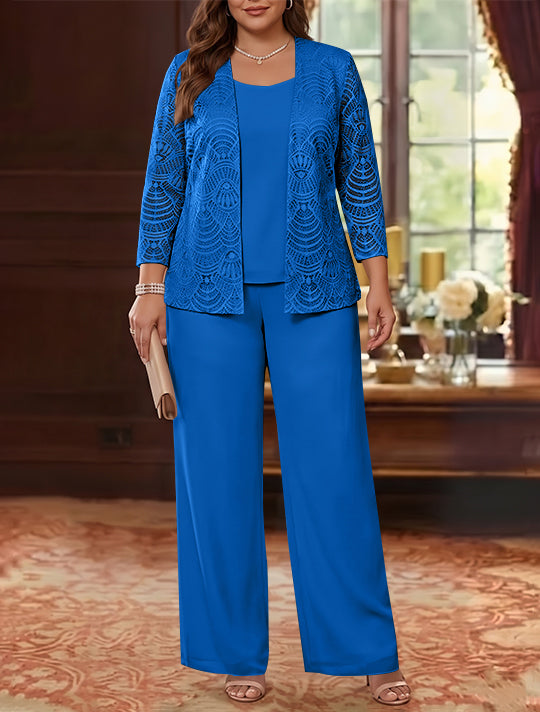 3 Pièces Tailleur Pantalon Mère de la Mariée en Mousseline, Grande Taille, Col Rond, Manches Longues, Longueur Cheville, avec Veste en Dentelle