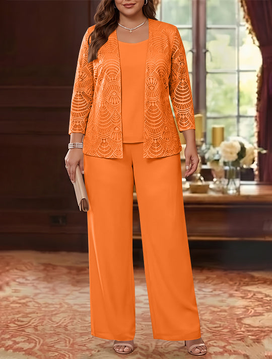 3 Pièces Tailleur Pantalon Mère de la Mariée en Mousseline, Grande Taille, Col Rond, Manches Longues, Longueur Cheville, avec Veste en Dentelle