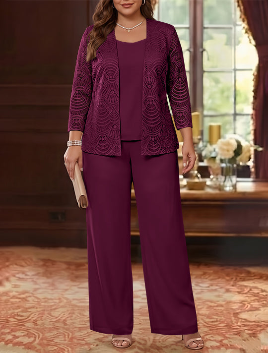 3 Pièces Tailleur Pantalon Mère de la Mariée en Mousseline, Grande Taille, Col Rond, Manches Longues, Longueur Cheville, avec Veste en Dentelle