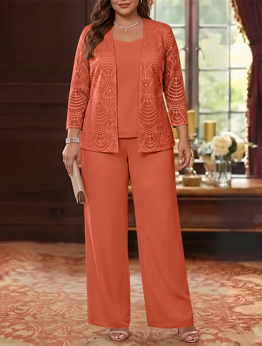 3 Pièces Tailleur Pantalon Mère de la Mariée en Mousseline, Grande Taille, Col Rond, Manches Longues, Longueur Cheville, avec Veste en Dentelle
