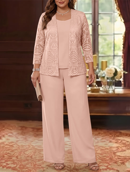 3 Pièces Tailleur Pantalon Mère de la Mariée en Mousseline, Grande Taille, Col Rond, Manches Longues, Longueur Cheville, avec Veste en Dentelle