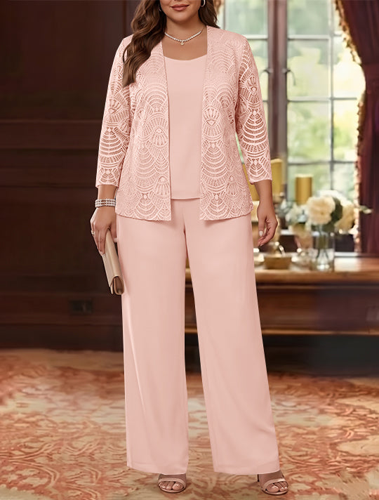 3 Pièces Tailleur Pantalon Mère de la Mariée en Mousseline, Grande Taille, Col Rond, Manches Longues, Longueur Cheville, avec Veste en Dentelle
