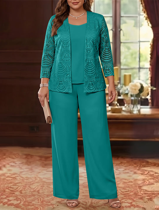 3 Pièces Tailleur Pantalon Mère de la Mariée en Mousseline, Grande Taille, Col Rond, Manches Longues, Longueur Cheville, avec Veste en Dentelle
