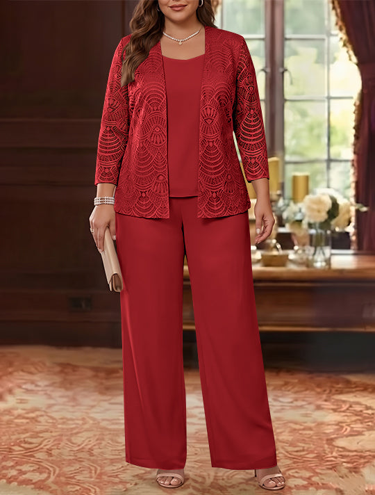 3 Pièces Tailleur Pantalon Mère de la Mariée en Mousseline, Grande Taille, Col Rond, Manches Longues, Longueur Cheville, avec Veste en Dentelle
