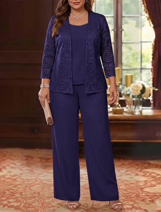 3 Pièces Tailleur Pantalon Mère de la Mariée en Mousseline, Grande Taille, Col Rond, Manches Longues, Longueur Cheville, avec Veste en Dentelle