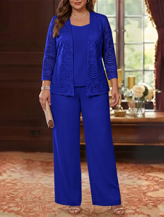 3 Pièces Tailleur Pantalon Mère de la Mariée en Mousseline, Grande Taille, Col Rond, Manches Longues, Longueur Cheville, avec Veste en Dentelle