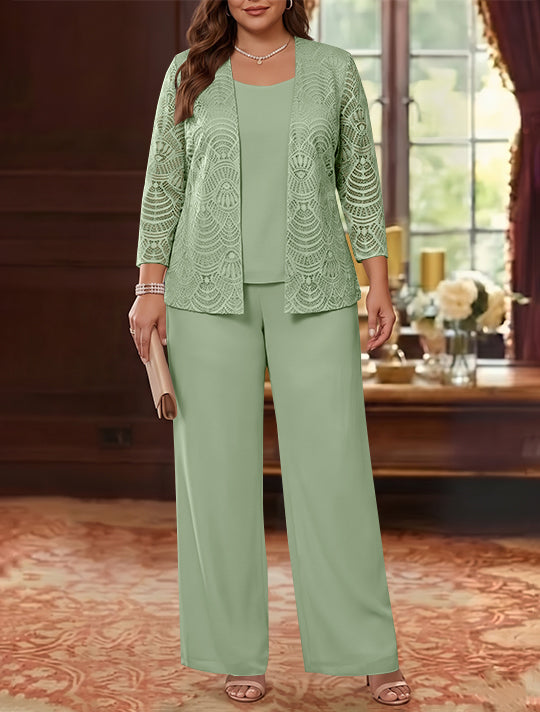 3 Pièces Tailleur Pantalon Mère de la Mariée en Mousseline, Grande Taille, Col Rond, Manches Longues, Longueur Cheville, avec Veste en Dentelle