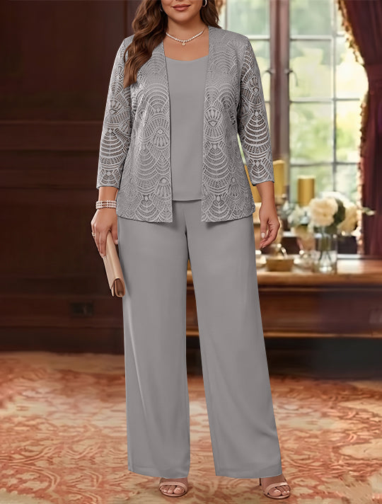 3 Pièces Tailleur Pantalon Mère de la Mariée en Mousseline, Grande Taille, Col Rond, Manches Longues, Longueur Cheville, avec Veste en Dentelle
