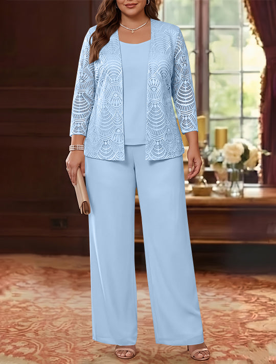 3 Pièces Tailleur Pantalon Mère de la Mariée en Mousseline, Grande Taille, Col Rond, Manches Longues, Longueur Cheville, avec Veste en Dentelle