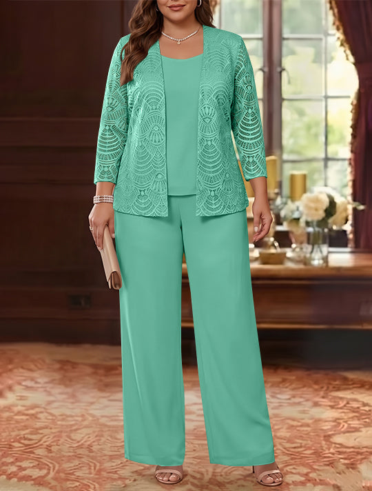 3 Pièces Tailleur Pantalon Mère de la Mariée en Mousseline, Grande Taille, Col Rond, Manches Longues, Longueur Cheville, avec Veste en Dentelle