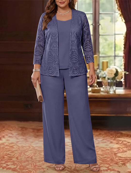3 Pièces Tailleur Pantalon Mère de la Mariée en Mousseline, Grande Taille, Col Rond, Manches Longues, Longueur Cheville, avec Veste en Dentelle