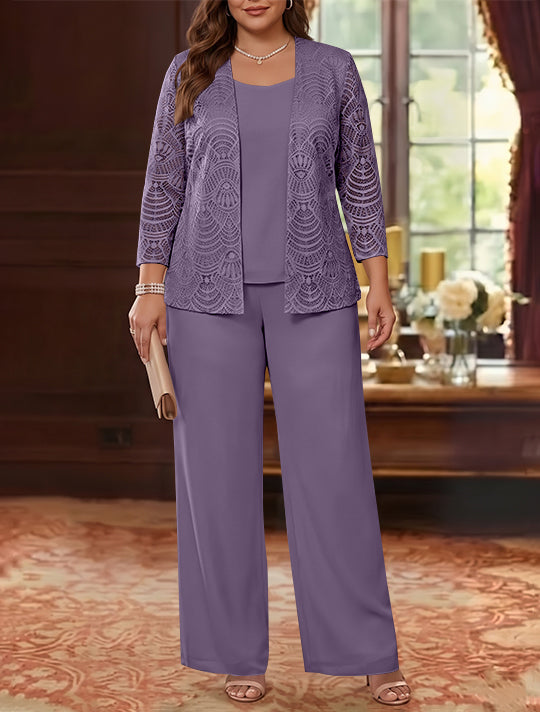 3 Pièces Tailleur Pantalon Mère de la Mariée en Mousseline, Grande Taille, Col Rond, Manches Longues, Longueur Cheville, avec Veste en Dentelle
