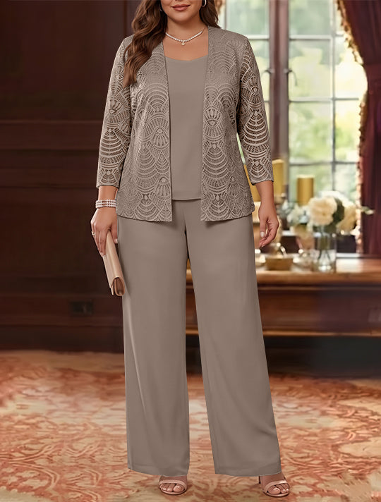 3 Pièces Tailleur Pantalon Mère de la Mariée en Mousseline, Grande Taille, Col Rond, Manches Longues, Longueur Cheville, avec Veste en Dentelle