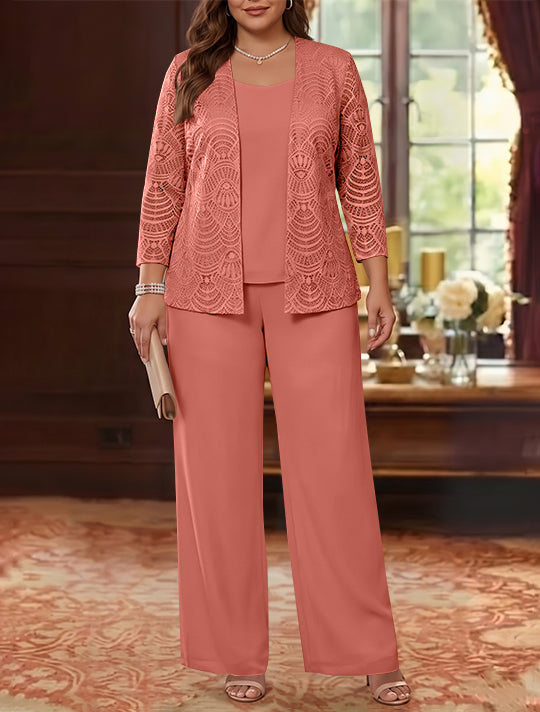 3 Pièces Tailleur Pantalon Mère de la Mariée en Mousseline, Grande Taille, Col Rond, Manches Longues, Longueur Cheville, avec Veste en Dentelle