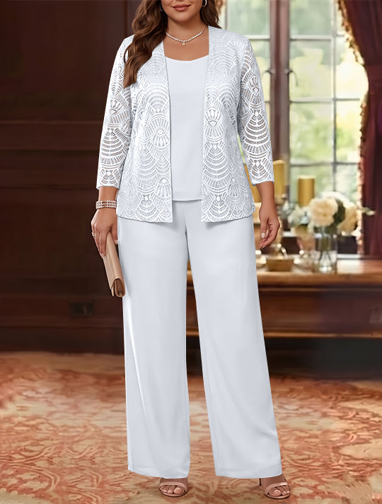 3 Pièces Tailleur Pantalon Mère de la Mariée en Mousseline, Grande Taille, Col Rond, Manches Longues, Longueur Cheville, avec Veste en Dentelle
