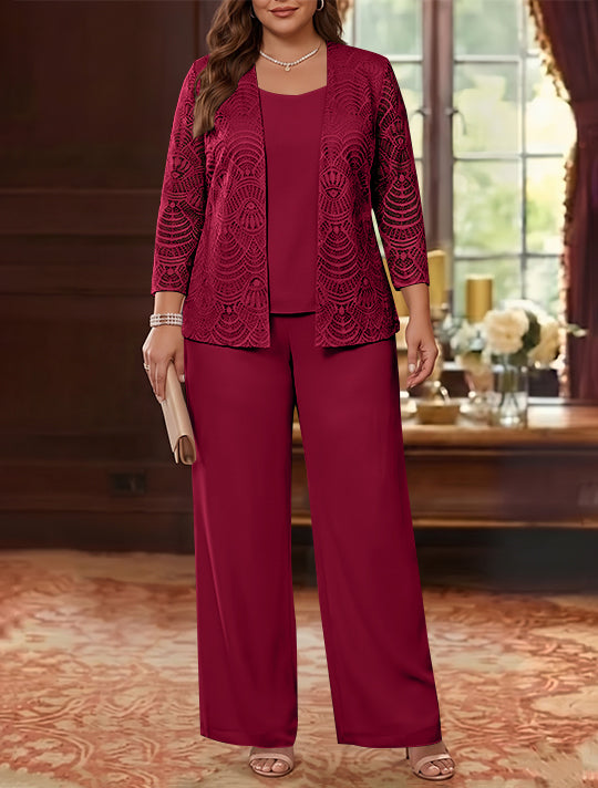 3 Pièces Tailleur Pantalon Mère de la Mariée en Mousseline, Grande Taille, Col Rond, Manches Longues, Longueur Cheville, avec Veste en Dentelle