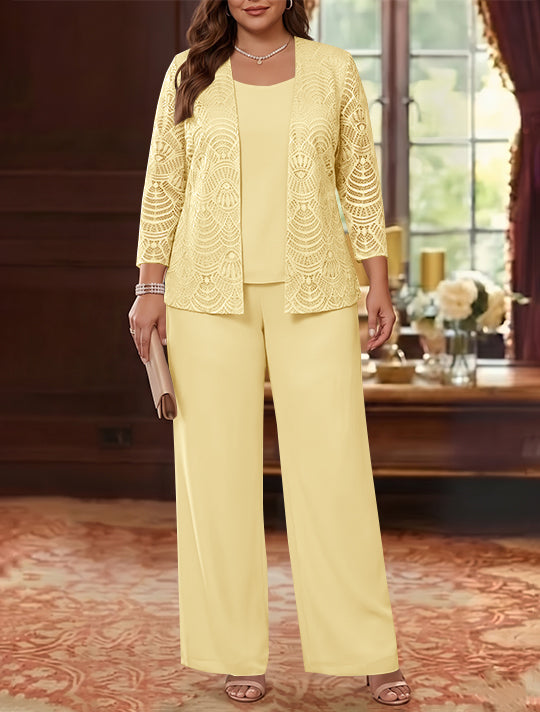 3 Pièces Tailleur Pantalon Mère de la Mariée en Mousseline, Grande Taille, Col Rond, Manches Longues, Longueur Cheville, avec Veste en Dentelle