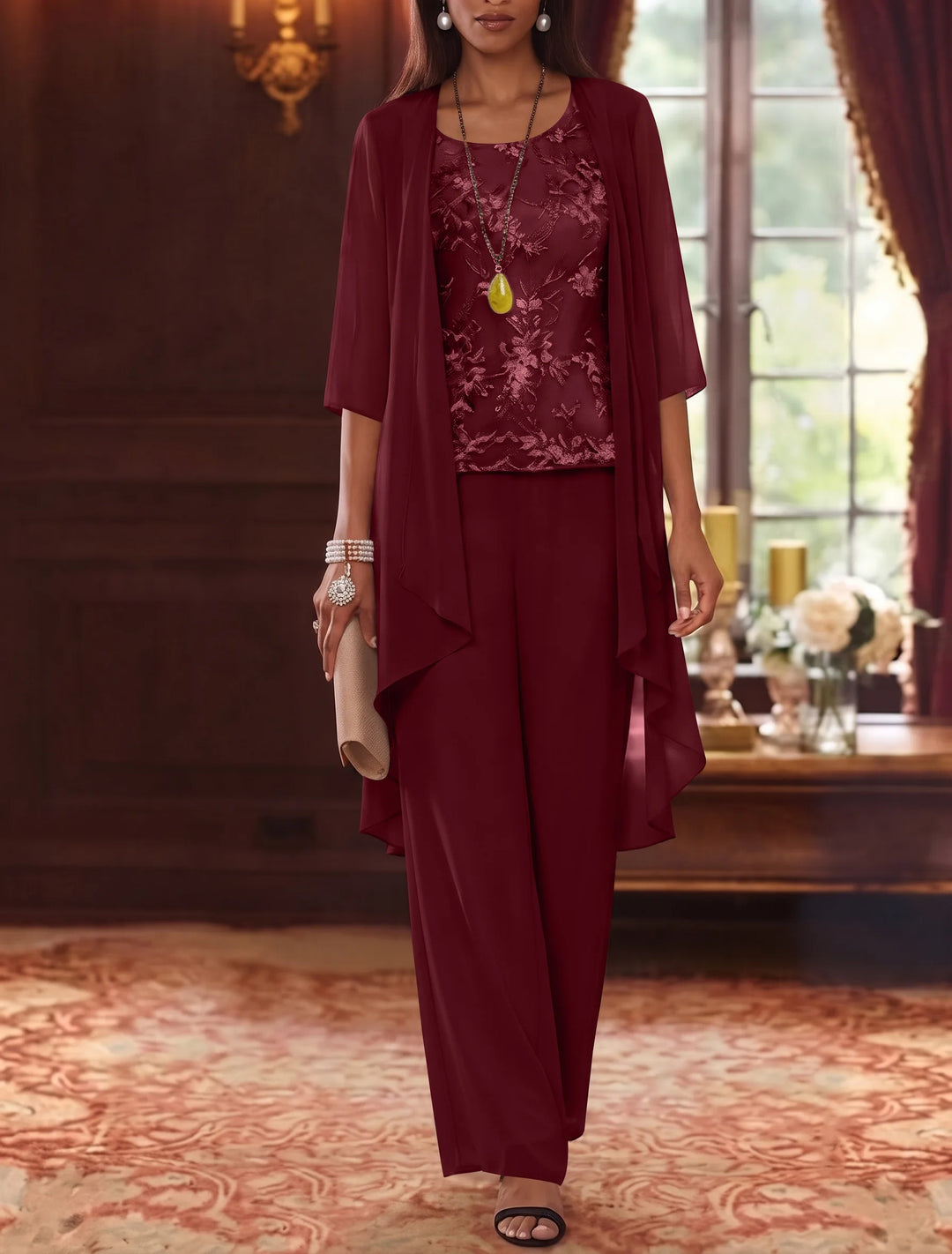 Robe mère de la mariée, Costume-Pantalon, Col Rond, Mousseline, Manches 3/4, Longueur de la Cheville, Dentelle
