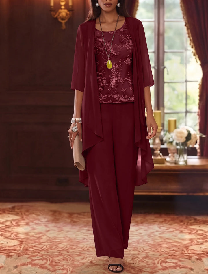 Robe mère de la mariée, Costume-Pantalon, Col Rond, Mousseline, Manches 3/4, Longueur de la Cheville, Dentelle
