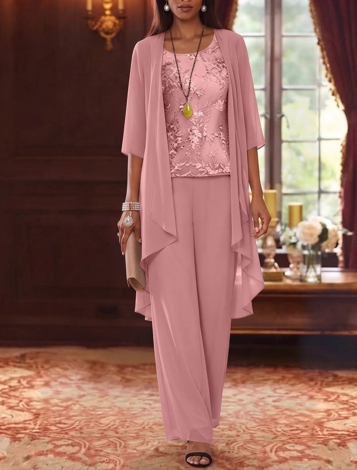 Robe mère de la mariée, Costume-Pantalon, Col Rond, Mousseline, Manches 3/4, Longueur de la Cheville, Dentelle