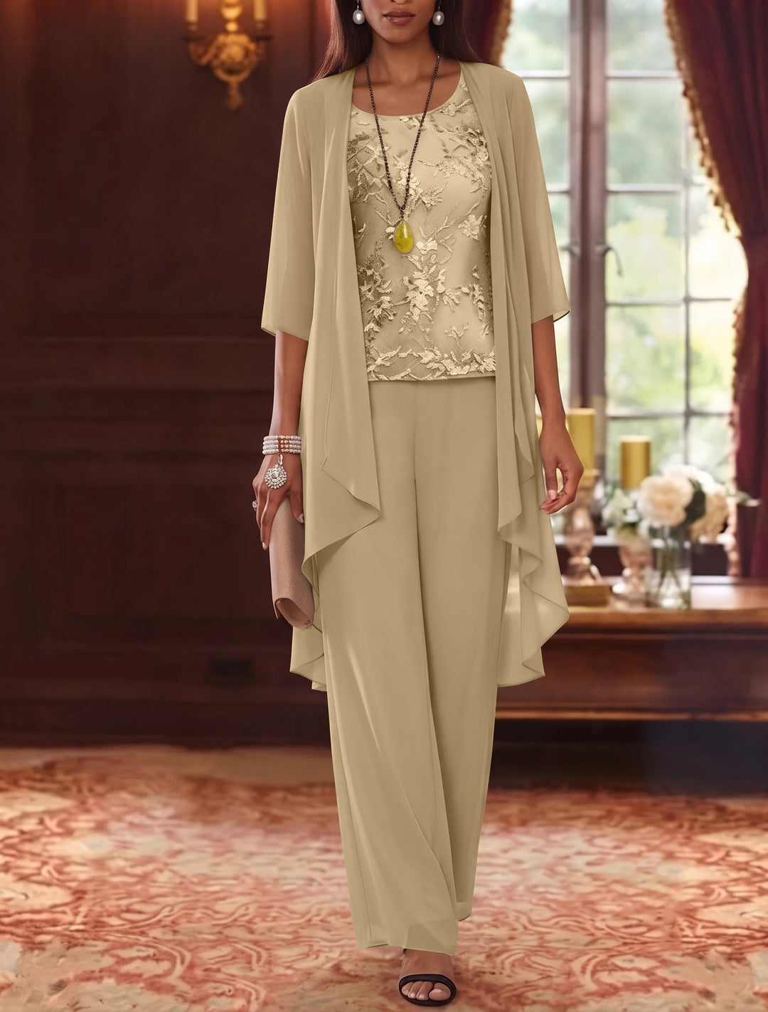 Robe mère de la mariée, Costume-Pantalon, Col Rond, Mousseline, Manches 3/4, Longueur de la Cheville, Dentelle