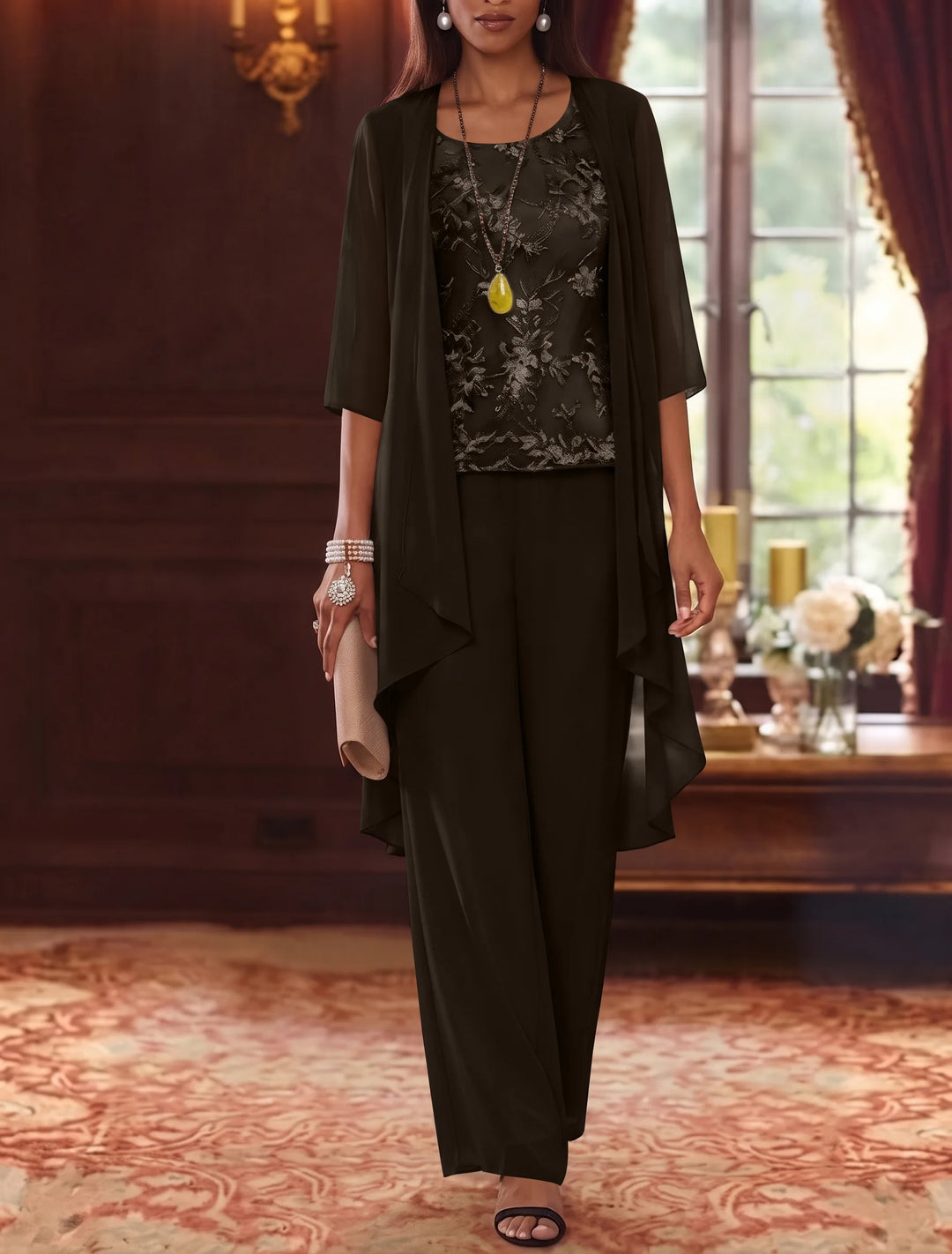 Robe mère de la mariée, Costume-Pantalon, Col Rond, Mousseline, Manches 3/4, Longueur de la Cheville, Dentelle