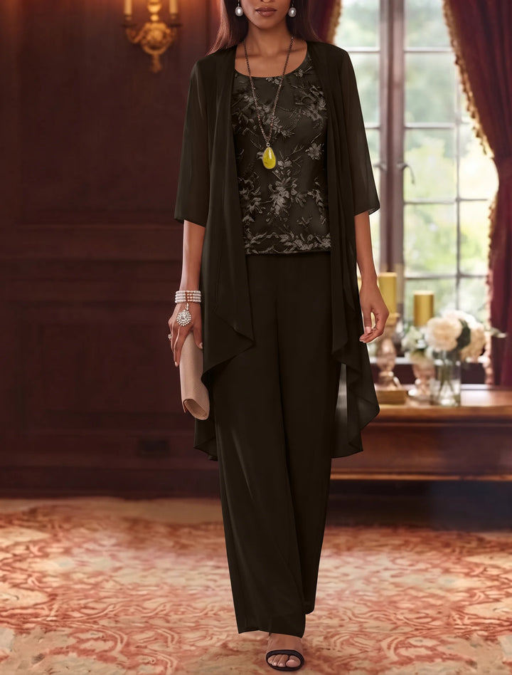 Robe mère de la mariée, Costume-Pantalon, Col Rond, Mousseline, Manches 3/4, Longueur de la Cheville, Dentelle