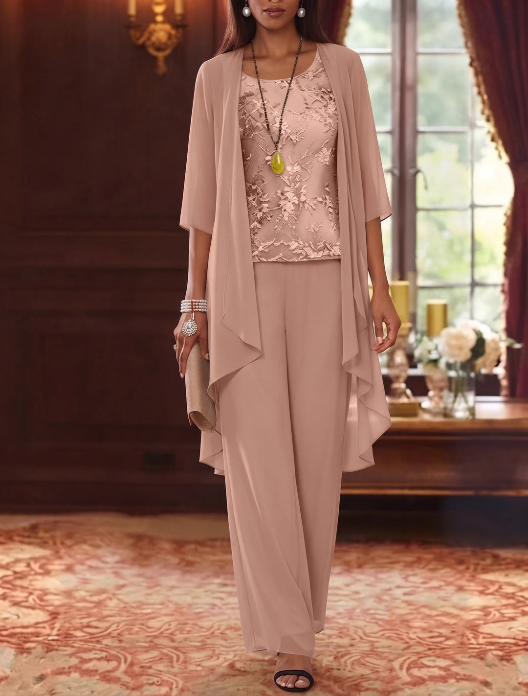 Robe mère de la mariée, Costume-Pantalon, Col Rond, Mousseline, Manches 3/4, Longueur de la Cheville, Dentelle