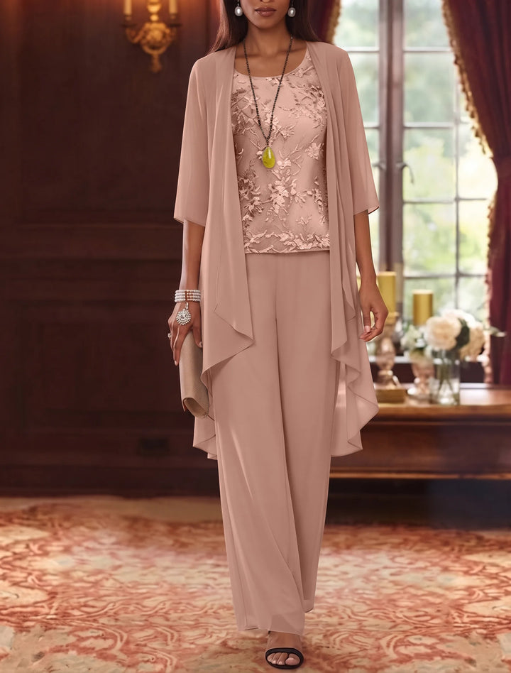 Robe mère de la mariée, Costume-Pantalon, Col Rond, Mousseline, Manches 3/4, Longueur de la Cheville, Dentelle