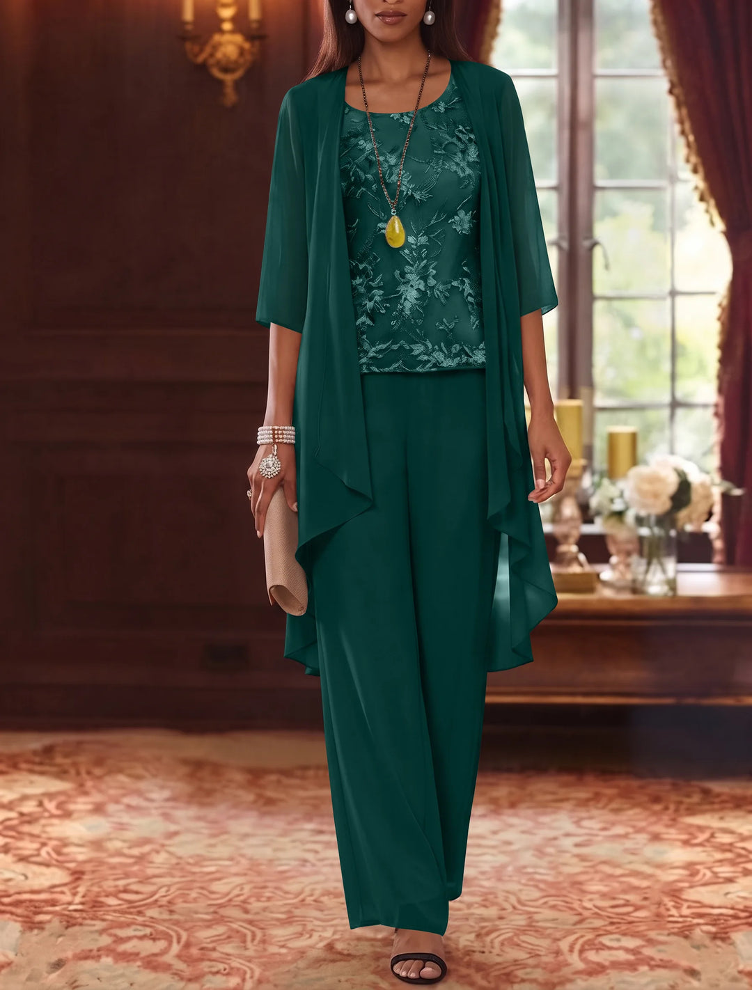 Robe mère de la mariée, Costume-Pantalon, Col Rond, Mousseline, Manches 3/4, Longueur de la Cheville, Dentelle