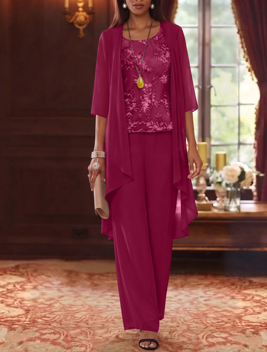 Robe mère de la mariée, Costume-Pantalon, Col Rond, Mousseline, Manches 3/4, Longueur de la Cheville, Dentelle