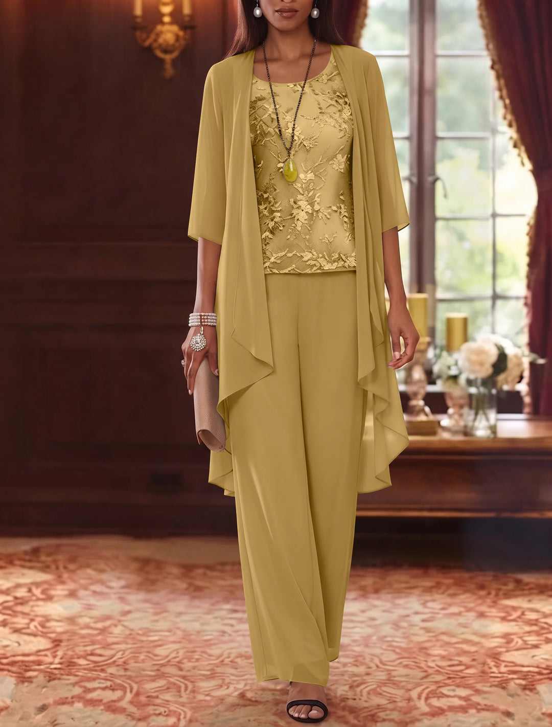 Robe mère de la mariée, Costume-Pantalon, Col Rond, Mousseline, Manches 3/4, Longueur de la Cheville, Dentelle