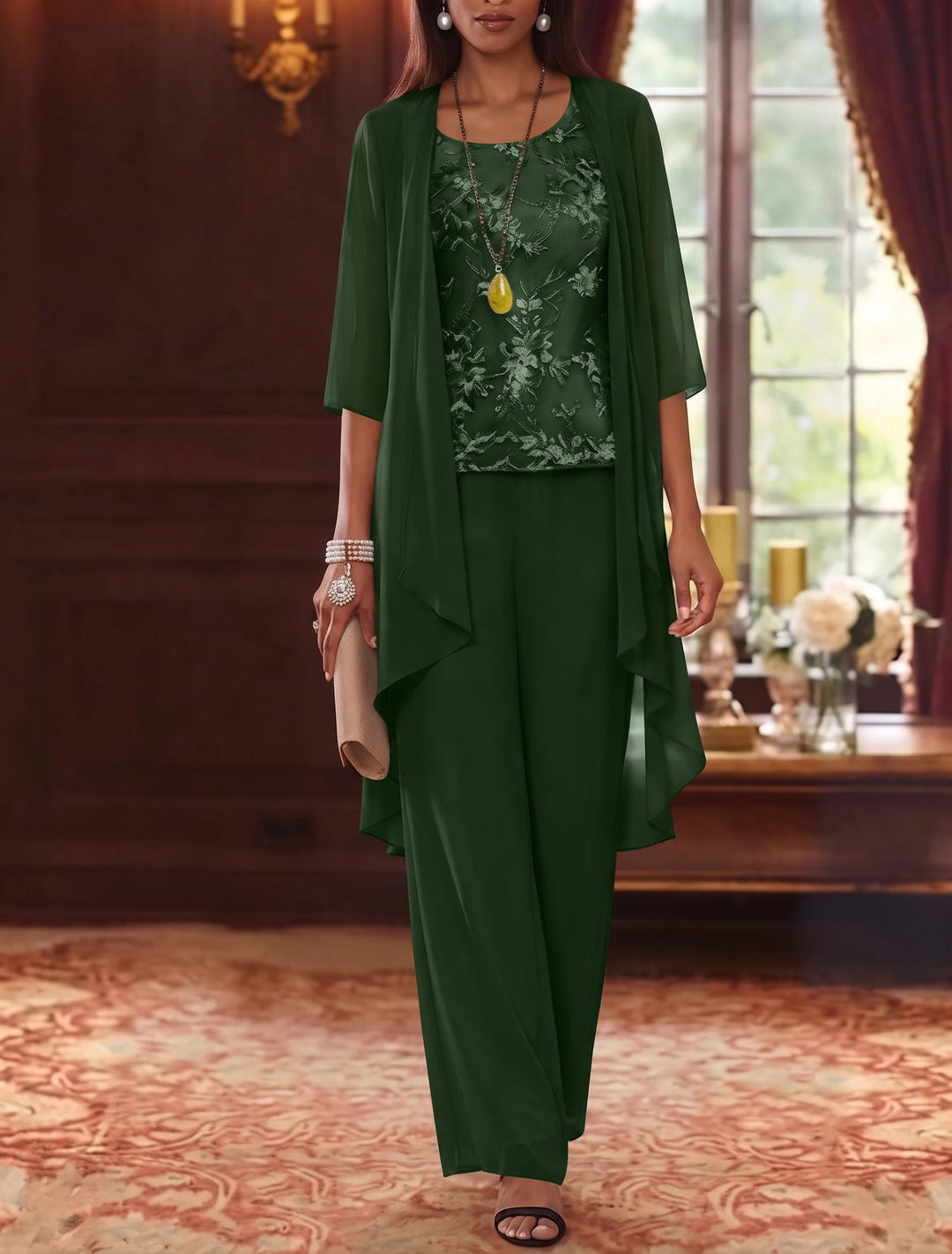 Robe mère de la mariée, Costume-Pantalon, Col Rond, Mousseline, Manches 3/4, Longueur de la Cheville, Dentelle