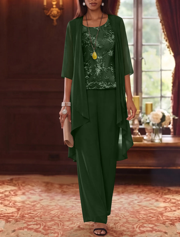 Robe mère de la mariée, Costume-Pantalon, Col Rond, Mousseline, Manches 3/4, Longueur de la Cheville, Dentelle