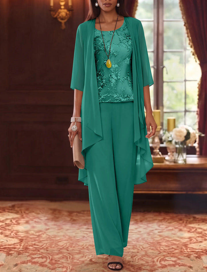 Robe mère de la mariée, Costume-Pantalon, Col Rond, Mousseline, Manches 3/4, Longueur de la Cheville, Dentelle