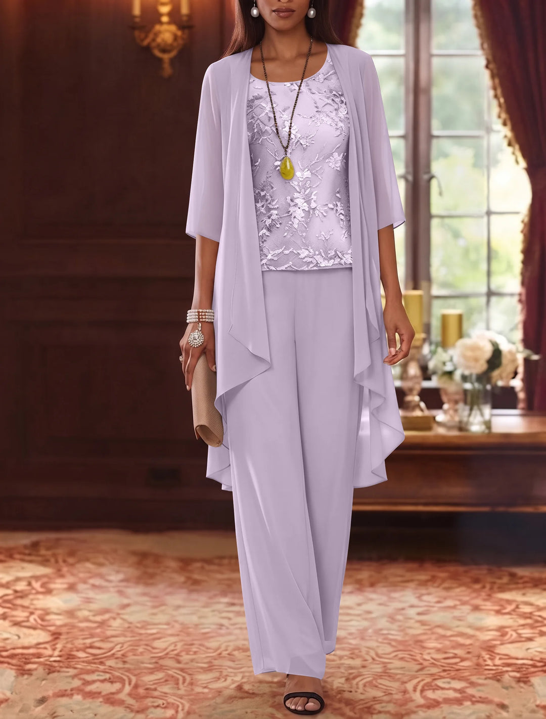 Robe mère de la mariée, Costume-Pantalon, Col Rond, Mousseline, Manches 3/4, Longueur de la Cheville, Dentelle
