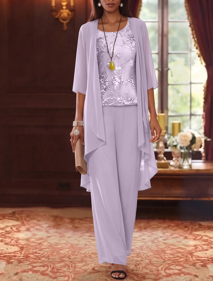 Robe mère de la mariée, Costume-Pantalon, Col Rond, Mousseline, Manches 3/4, Longueur de la Cheville, Dentelle